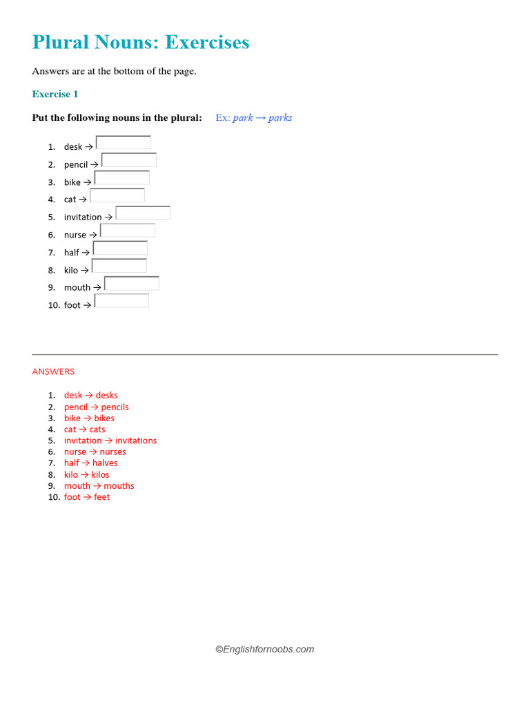 plural form of nouns exercises online