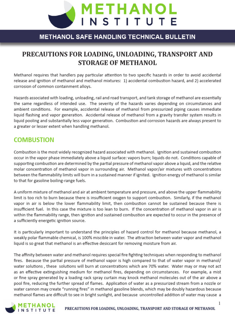 Precautions For Loading and Unloading | PDF | Combustion | Methanol image.