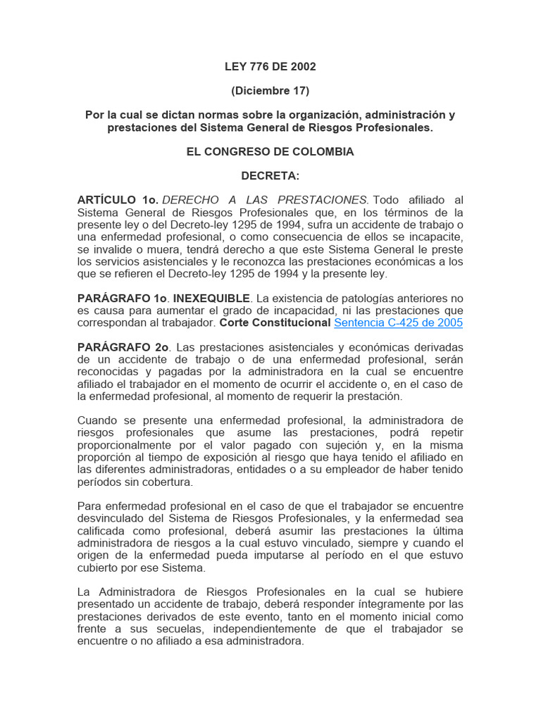 Ley 776 de 2002: Riesgos Profesionales en Colombia | PDF | Pensión ...