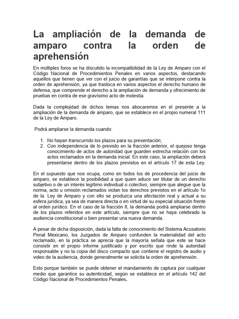 La Ampliación de La Demanda de Amparo Contra La Orden de Aprehensión | PDF