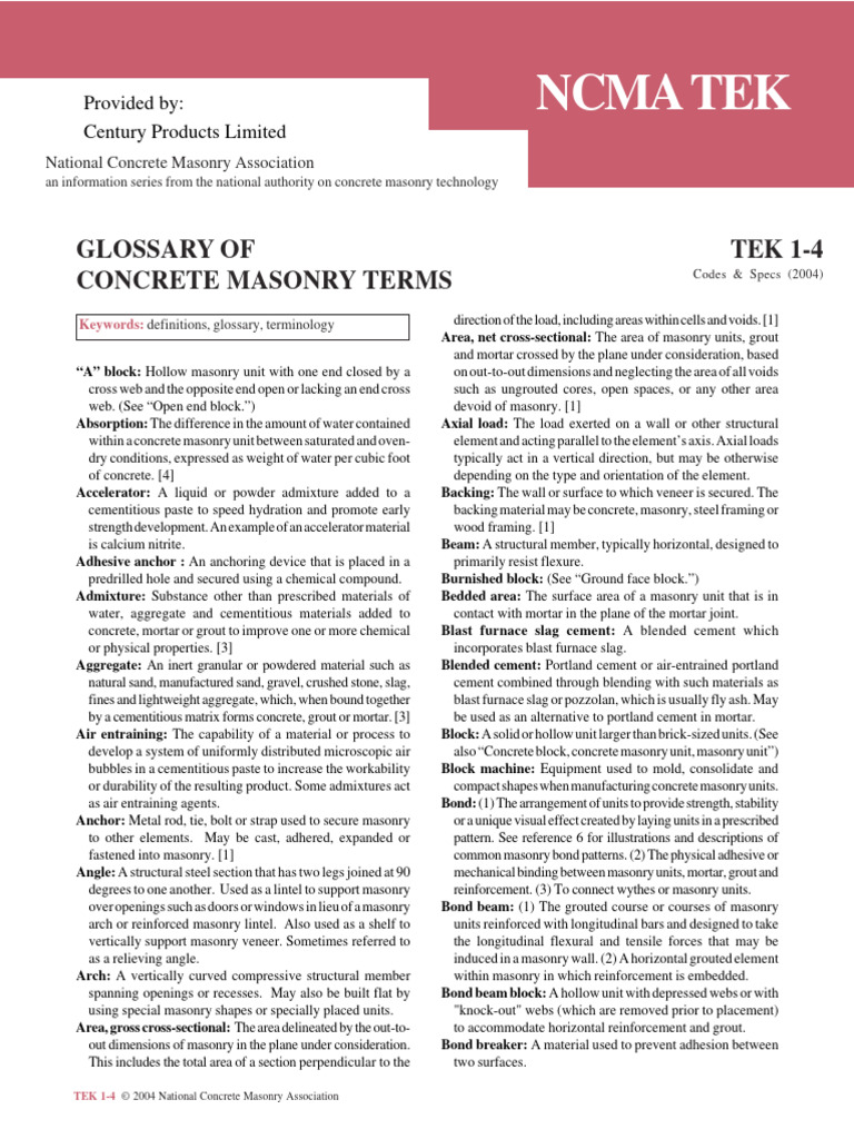 Tek 14 Glossary of Concrete Masonry Term PDF Concrete Masonry