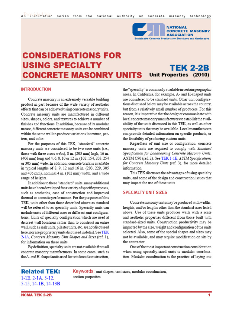 Tek 2-2B Considerations For Using Specialty Cmu | PDF | Masonry | Concrete