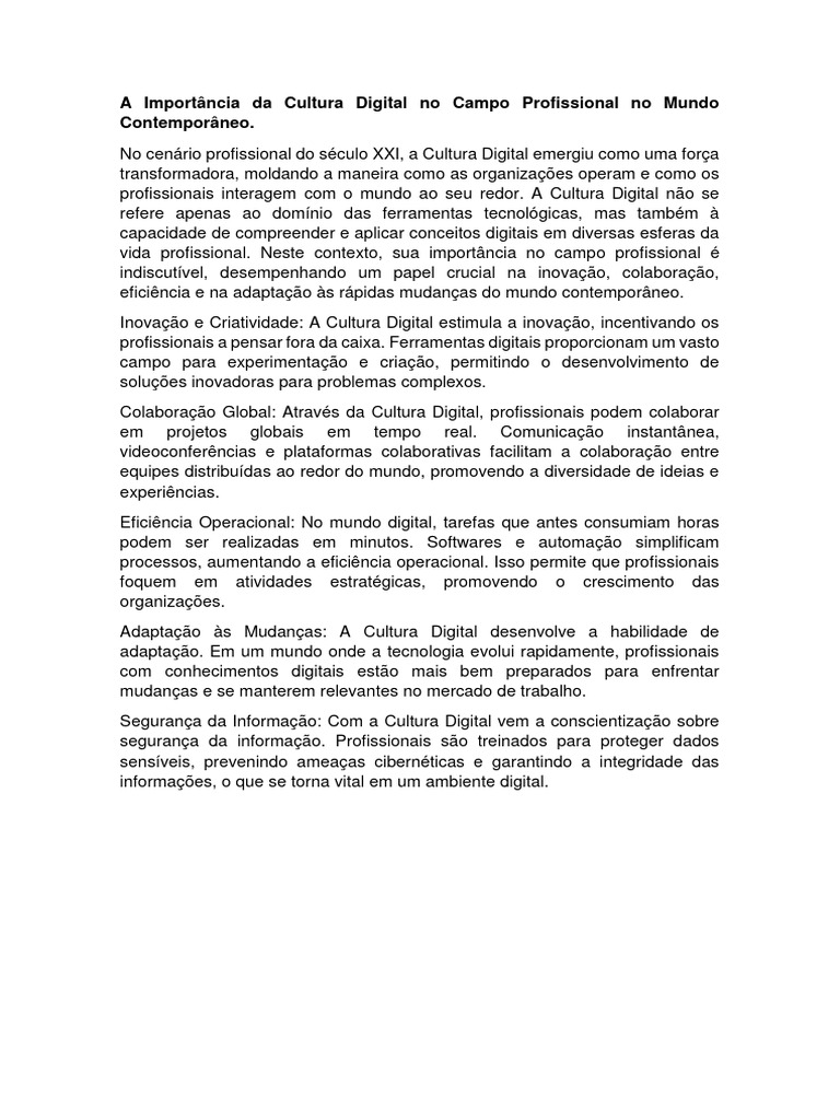 Atividade Cultura Digital | Download grátis PDF | Inovação | Comunicação