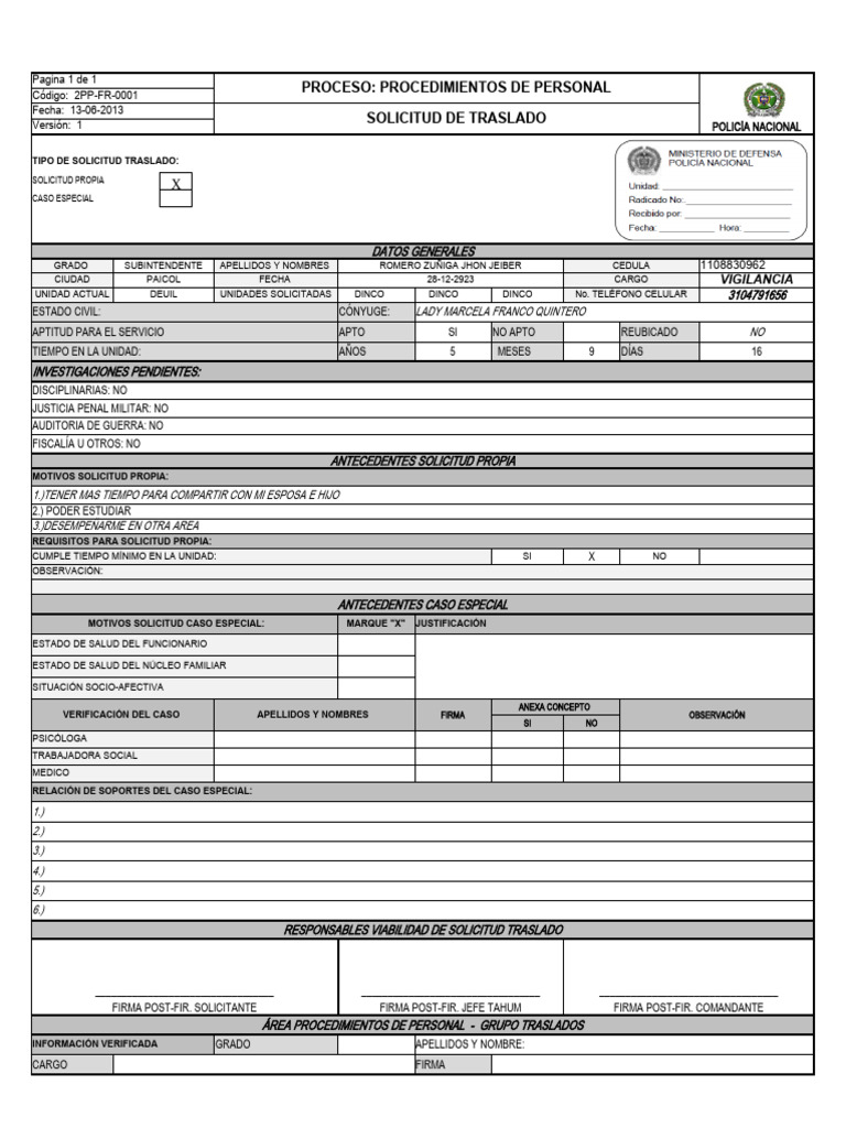 2PP-FR-0001 Solicitud de Traslado Voluntario | PDF