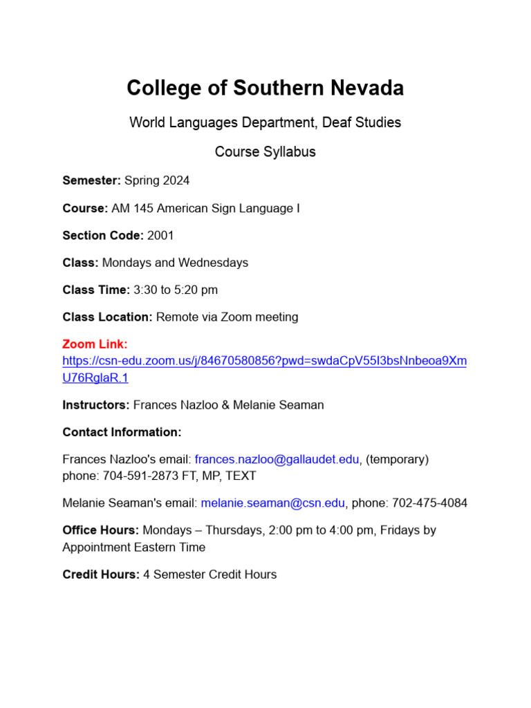 CSN ASL I Course Syllabus Spring 2024 | PDF | American Sign Language ...