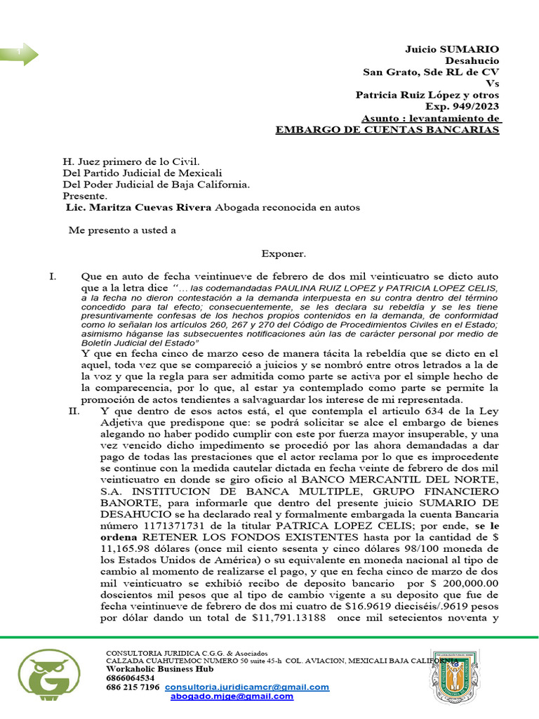 Levantamiento de Embargo Bancario | PDF | Dólar de los Estados Unidos
