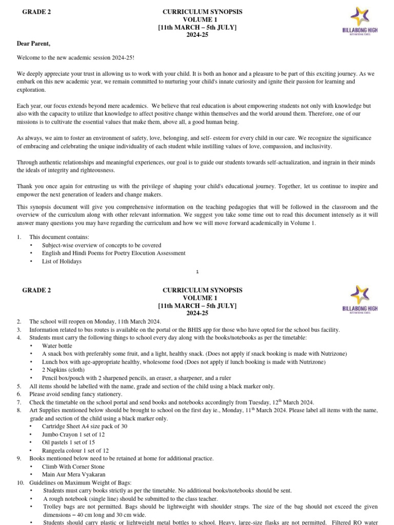 Grade 2 Volume 1 Curriculum Synopsis 2024 25 | PDF