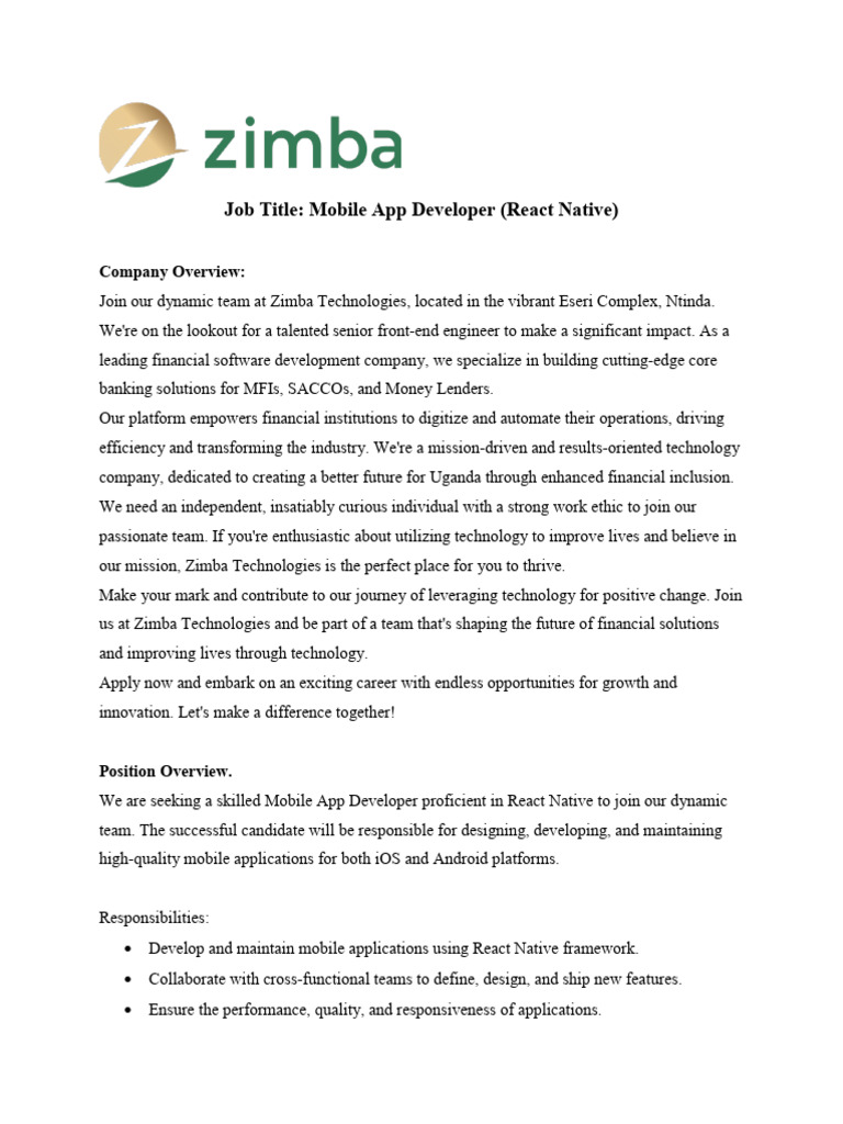 Zimba Technologies Mobile App Job Description PDF Mobile App Software Engineering