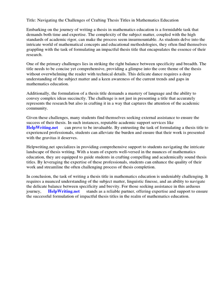 Sample Thesis In Mathematics Education Pdf