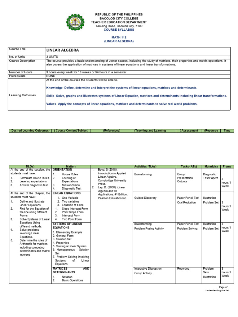 Linear Algebra Course Syllabus | PDF | Linear Map | Matrix (Mathematics)