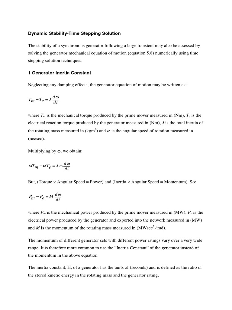 Generator Stability Time Stepping Analysis | PDF | Torque | Momentum