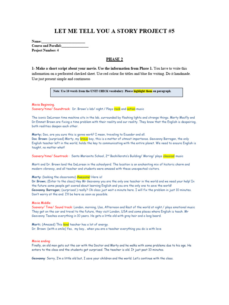 Movie Script Project: English Teacher Adventure | PDF | Word | Human ...