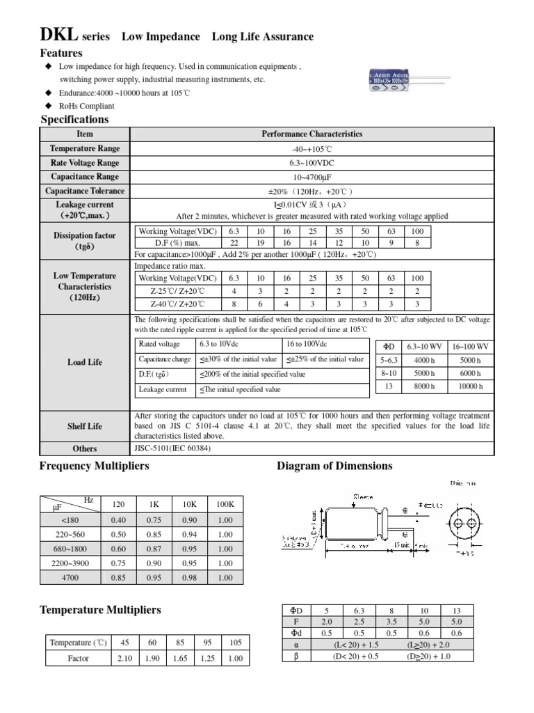 DKL Series Low Impedance Capacitors | PDF | Capacitor | Electrical ...