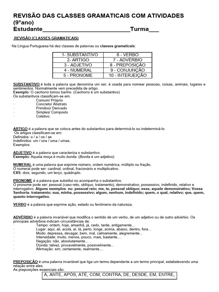 Revisão Das Classes Gramaticais Com Atividades e Gabarito | PDF ...