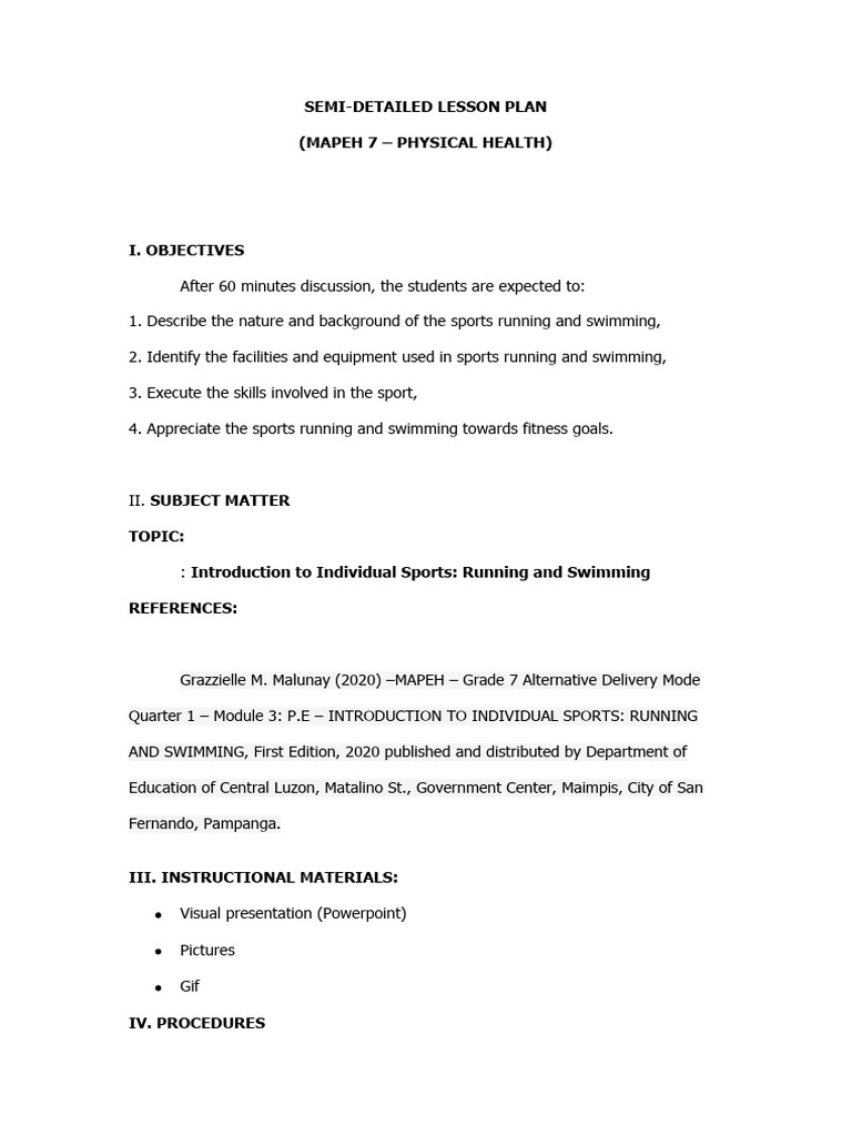 Lesson Plan: Running & Swimming Skills | PDF | Swimming (Sport ...