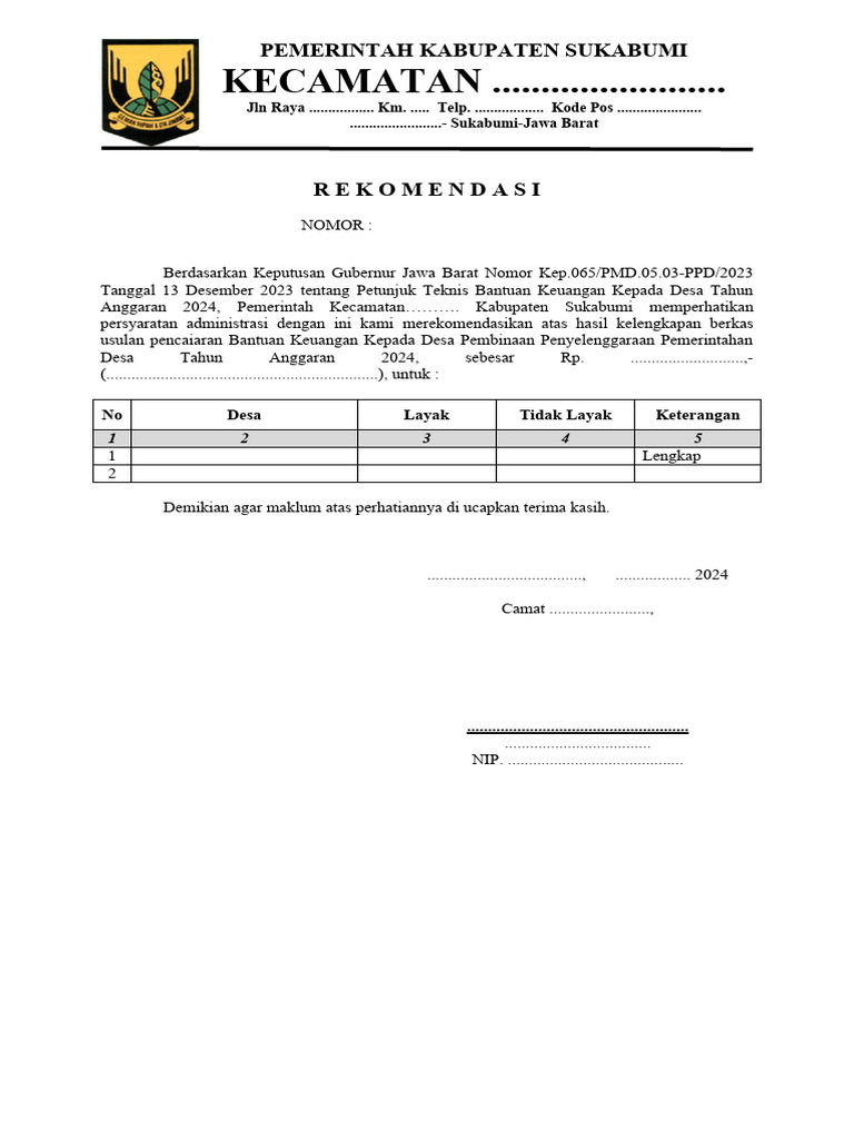 Surat Rekomendasi Camat 2024 | PDF