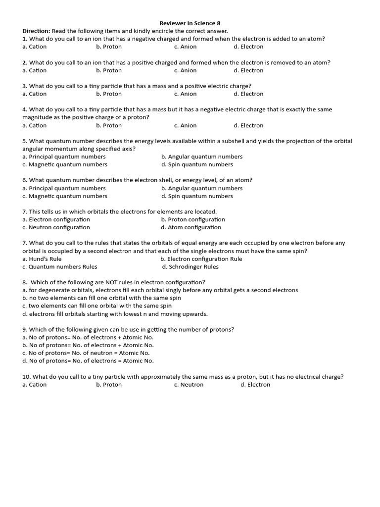 Science 8 Ion and Quantum Review Quiz | PDF | Ion | Electron