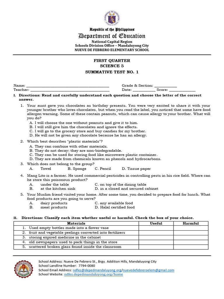 Sci5q1 - Summative Test No. 1 - 2022-2023 | PDF | Food And Drink | Foods