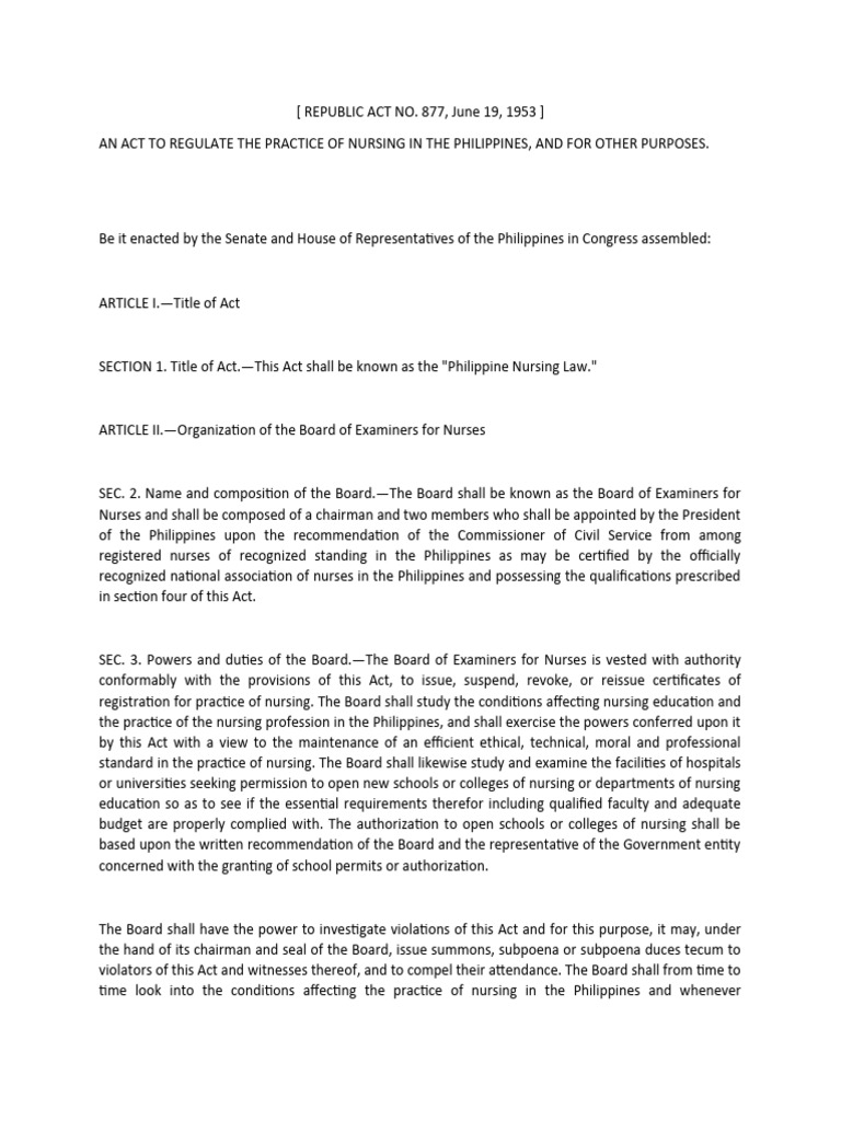 Philippine Nursing Law (RA 877) Overview | PDF | Nursing | Bachelor's ...