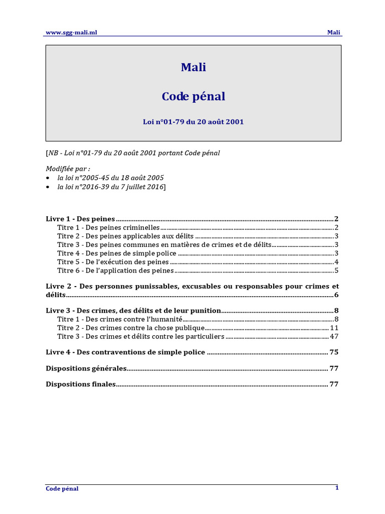 Mali Code 2001 Penal Maj 2016 | PDF