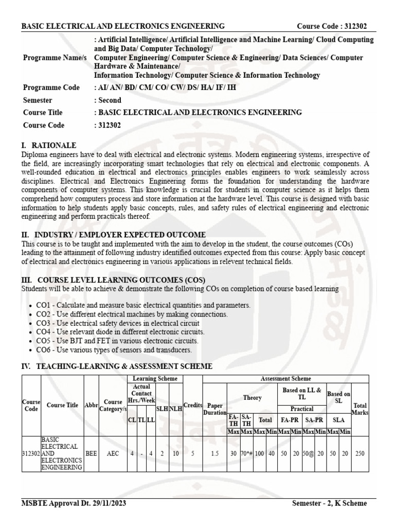 312302-Basic Electrical and Electronics Engineering 271223 | PDF