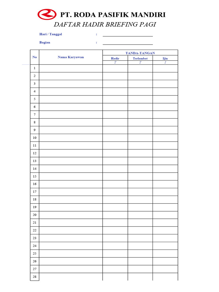 Daftar Hadir Briefing Pagi Karyawan | PDF