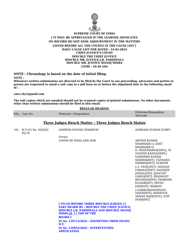 NOTE: Chronology Is Based On The Date of Initial Filing.: Three Judges ...