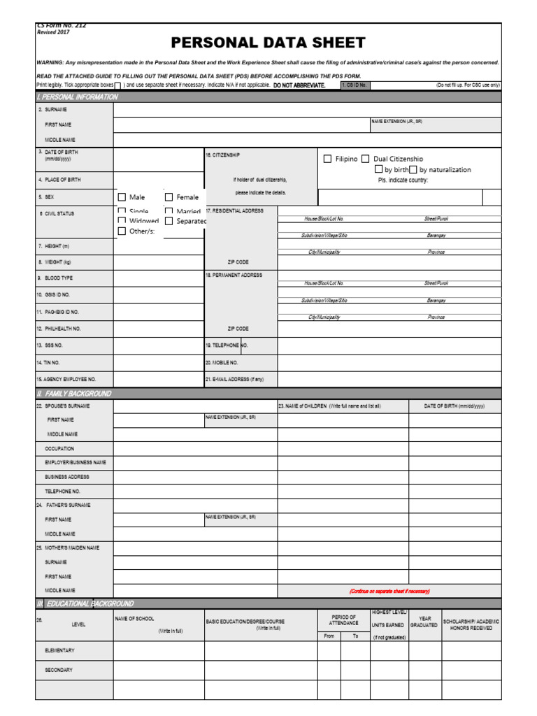 Personal Data Sheet 2017 Revised Blank Form | PDF | Passport | Government