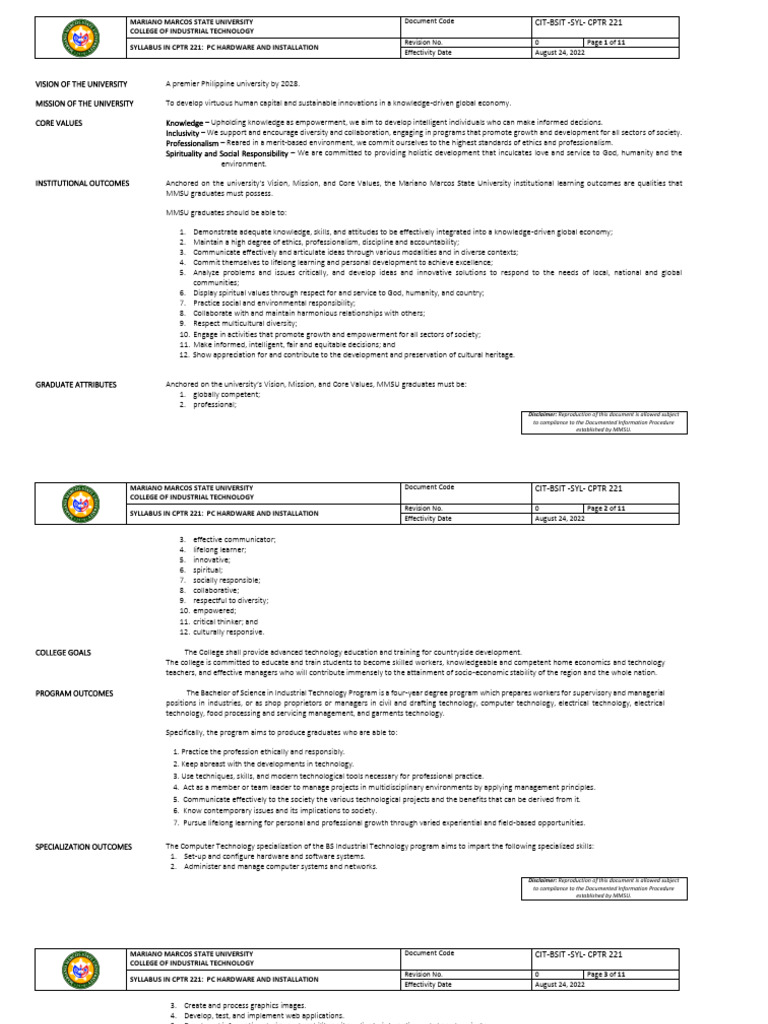 CPTR 222 Omputer Maintenance and Repair Syllabus ISO 2020 | PDF