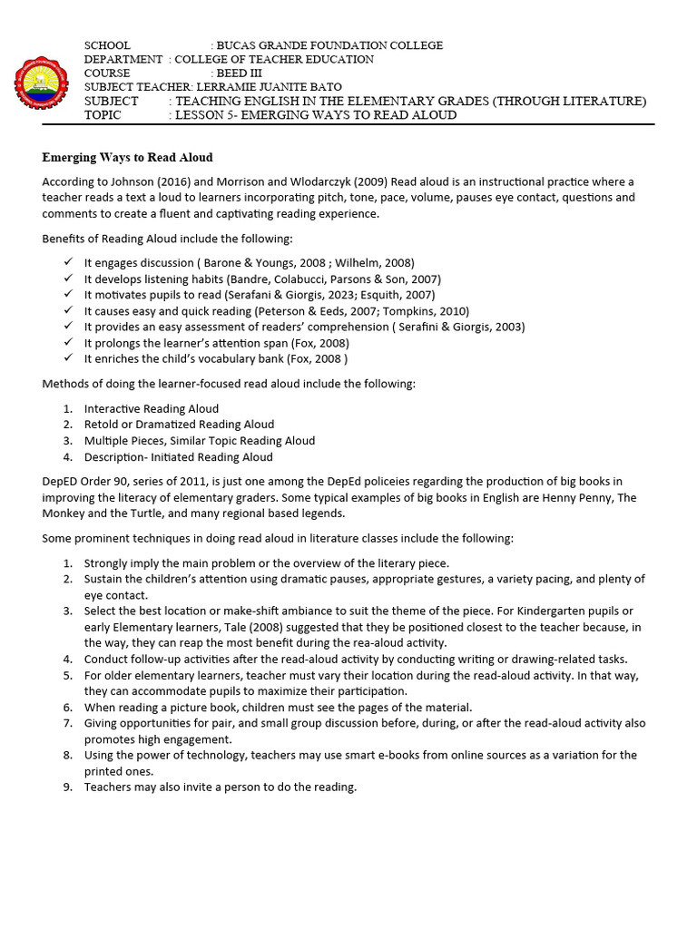 Lesson 5 emerging ways to read aloud download free pdf learning