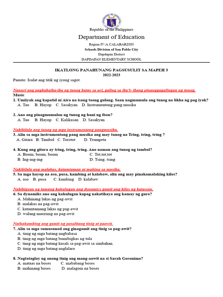 3rd Periodical Test Mapeh 3 For Checking Pdf