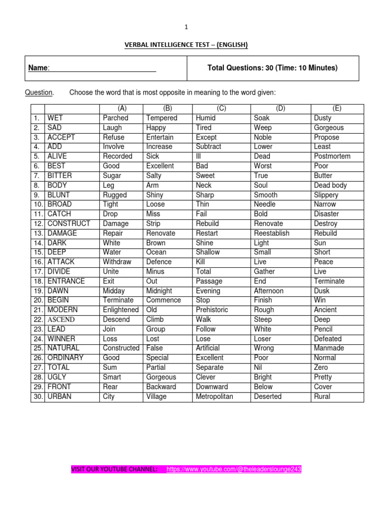 Verbal Intelligence Test: Antonyms | PDF
