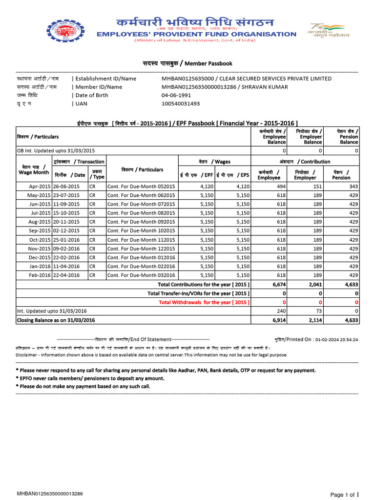 EPF Passbook Statement 2015-2016 | PDF | Personal Finance | Business