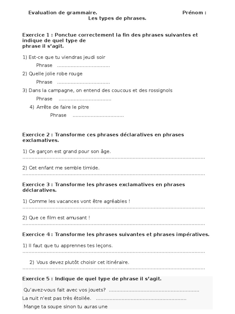 Exercice Les Types De Phrases Ce2 Evaluation Types de Phrases | PDF | Phrase