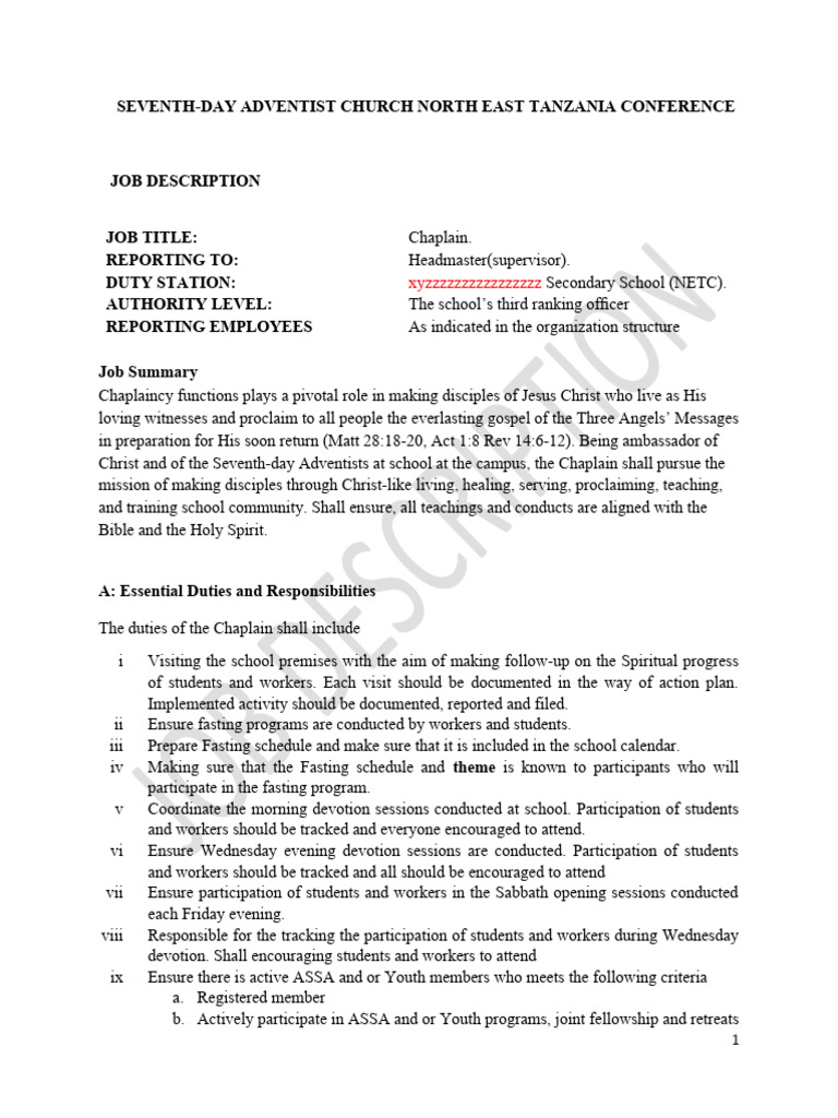 Chaplain's Job Description Feb 2024 PDF Seventh Day Adventist