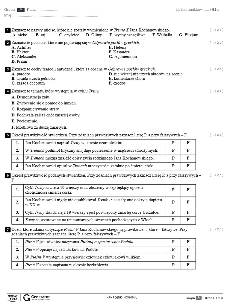 Jan Kochanowski Test Nowa Era Kochanowski Test (Z Widoczną Punktacją) | PDF
