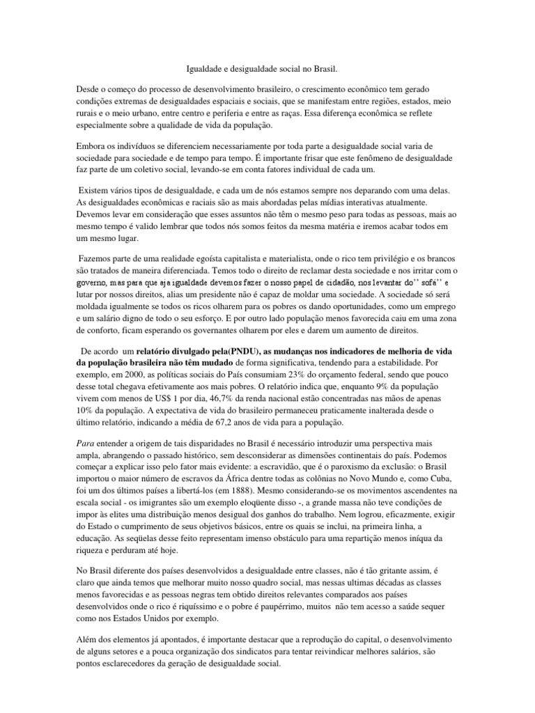 A Desigualdade Social No Brasil | Desigualdade Social | Classe e