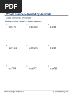 Grade 5 Decimals Worksheet - Whole Numbers Divided by Decimals