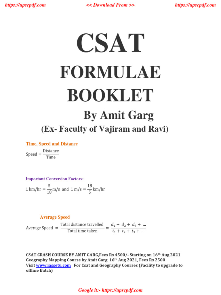 CSAT Formulas and Crash Course Details | PDF | Mean | Mathematical Concepts