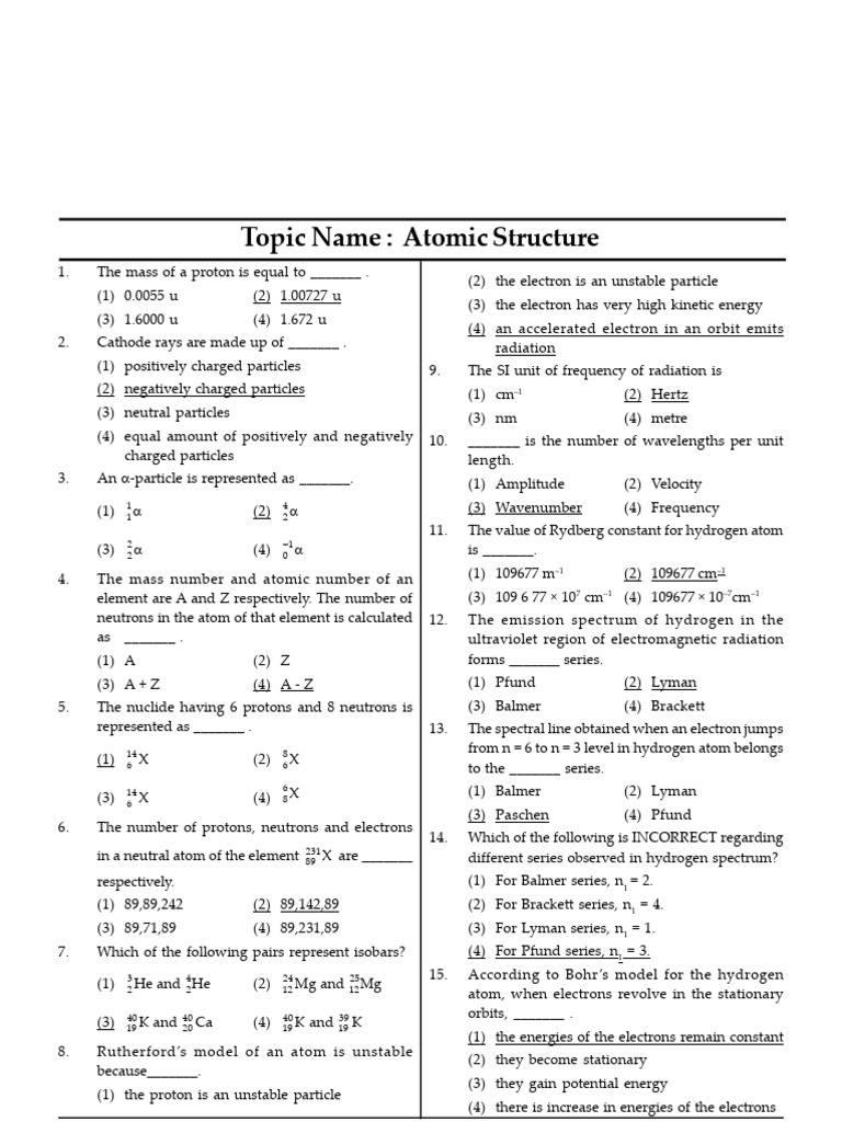 Structure of Atom Answer Key PDF