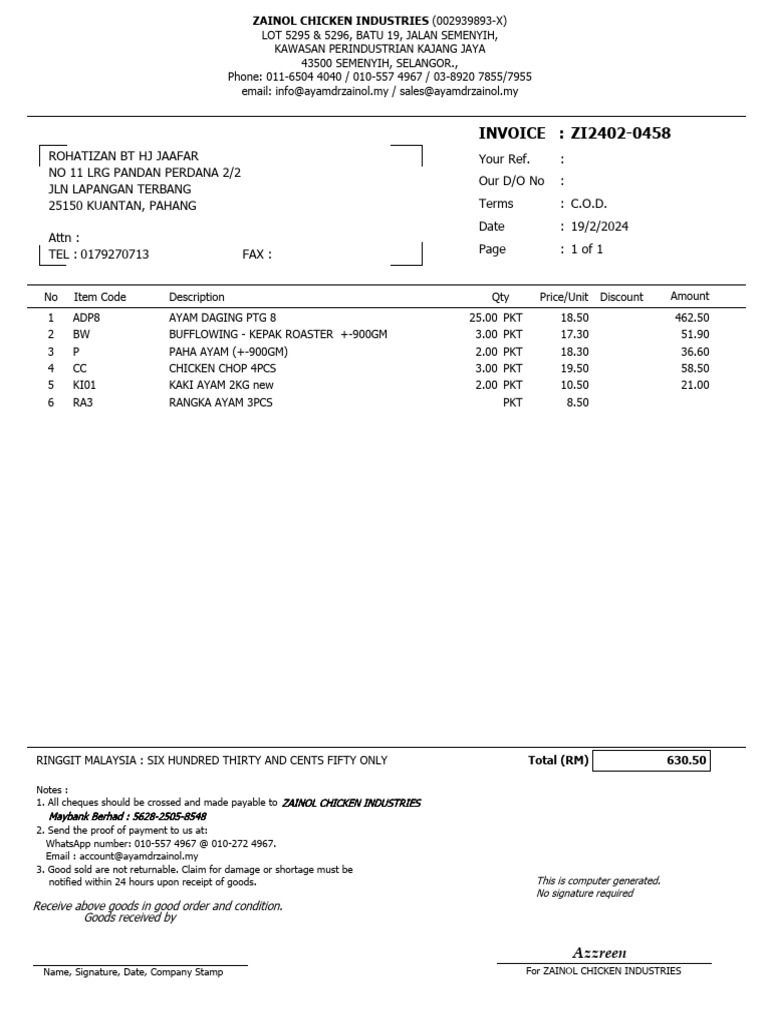Zainol Chicken Industries Invoice 2024 | PDF