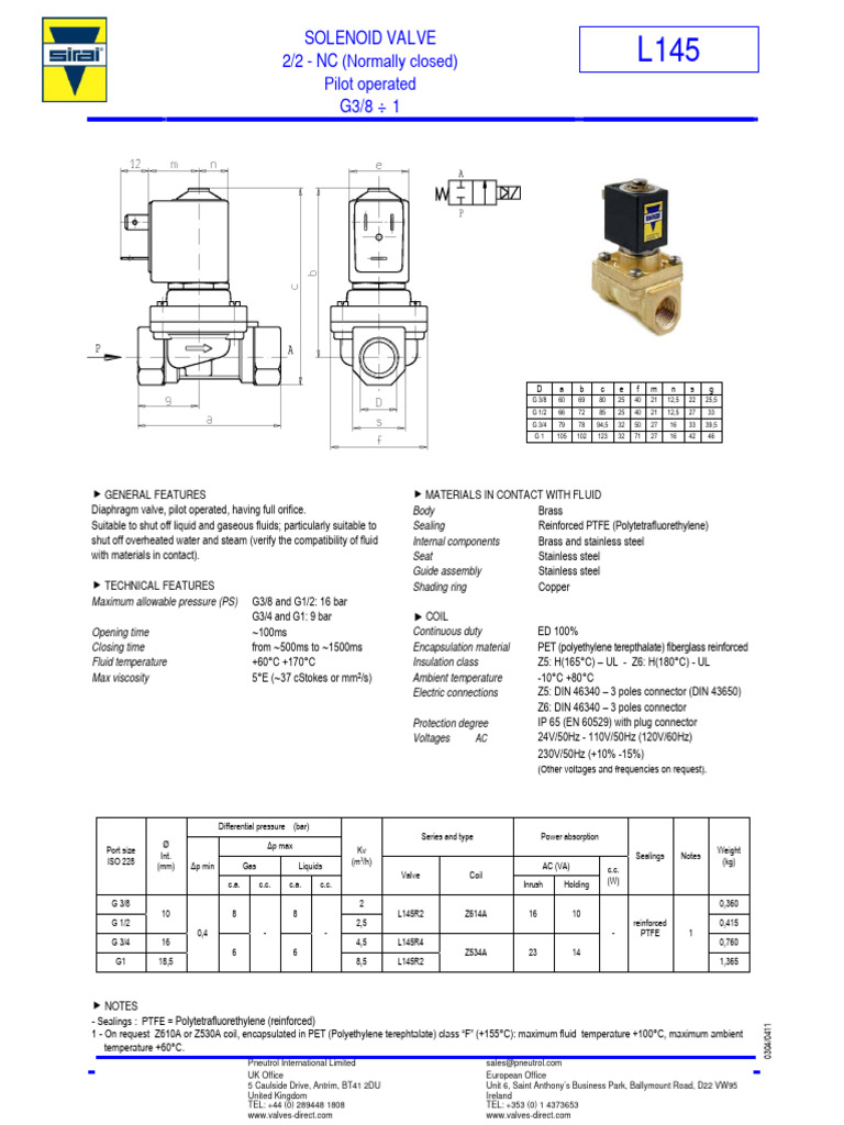 Solenoid Valve L145 Specifications Guide | PDF | Valve | Liquids