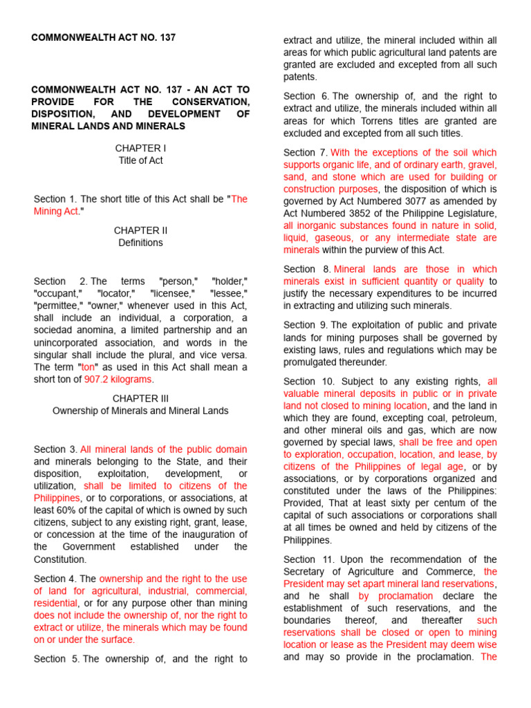 Commonwealth Act No 137 | Download Free PDF | Mining | Prospecting