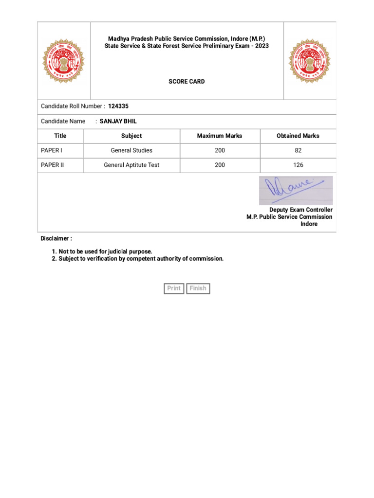 MPPSC 2022 Score Card PDF