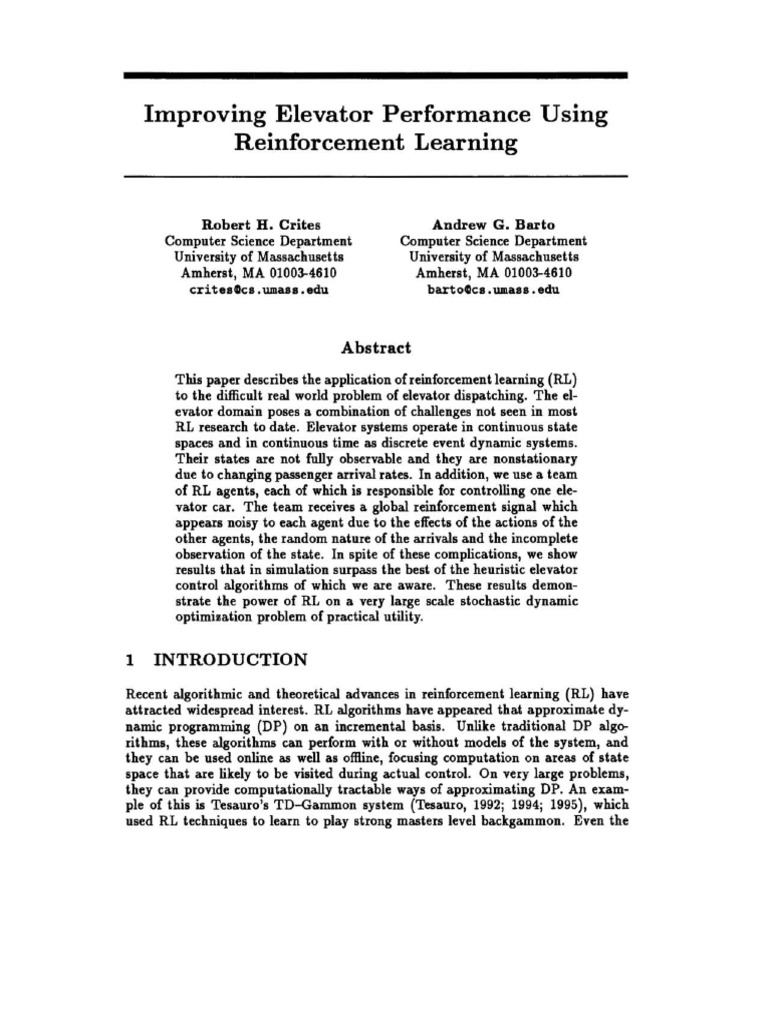 Nips 1995 improving elevator performance using reinforcement learning