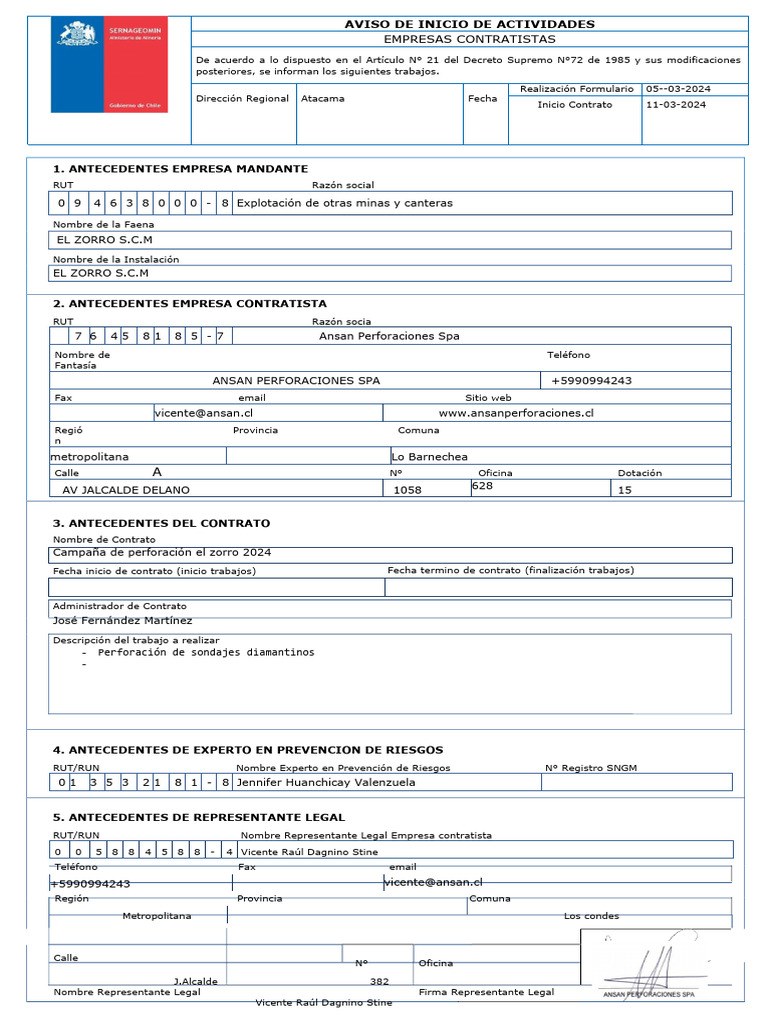 Formulario inicio de actividades ansan perforaciones spa c descargar
