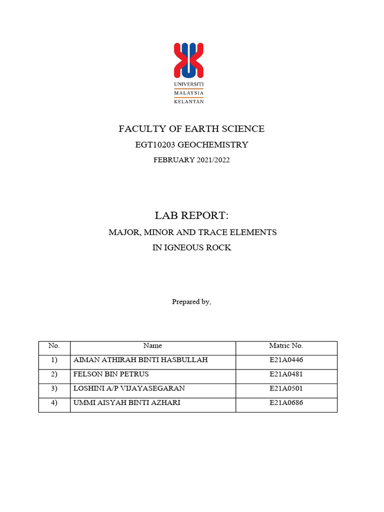 Laboratory Report Major, Minor and Trace Elements in Igneous Roc | PDF