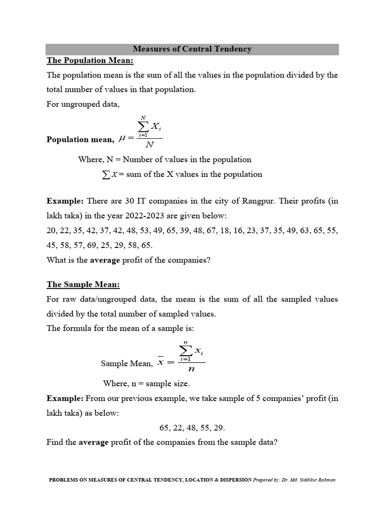 Central Tendency & Dispersion Problems | PDF | Mean | Median