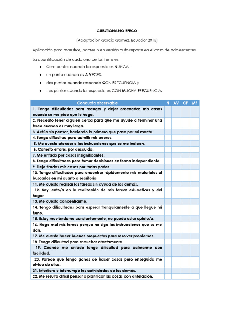 Cuestionario EFECO para Evaluar Dificultades | PDF