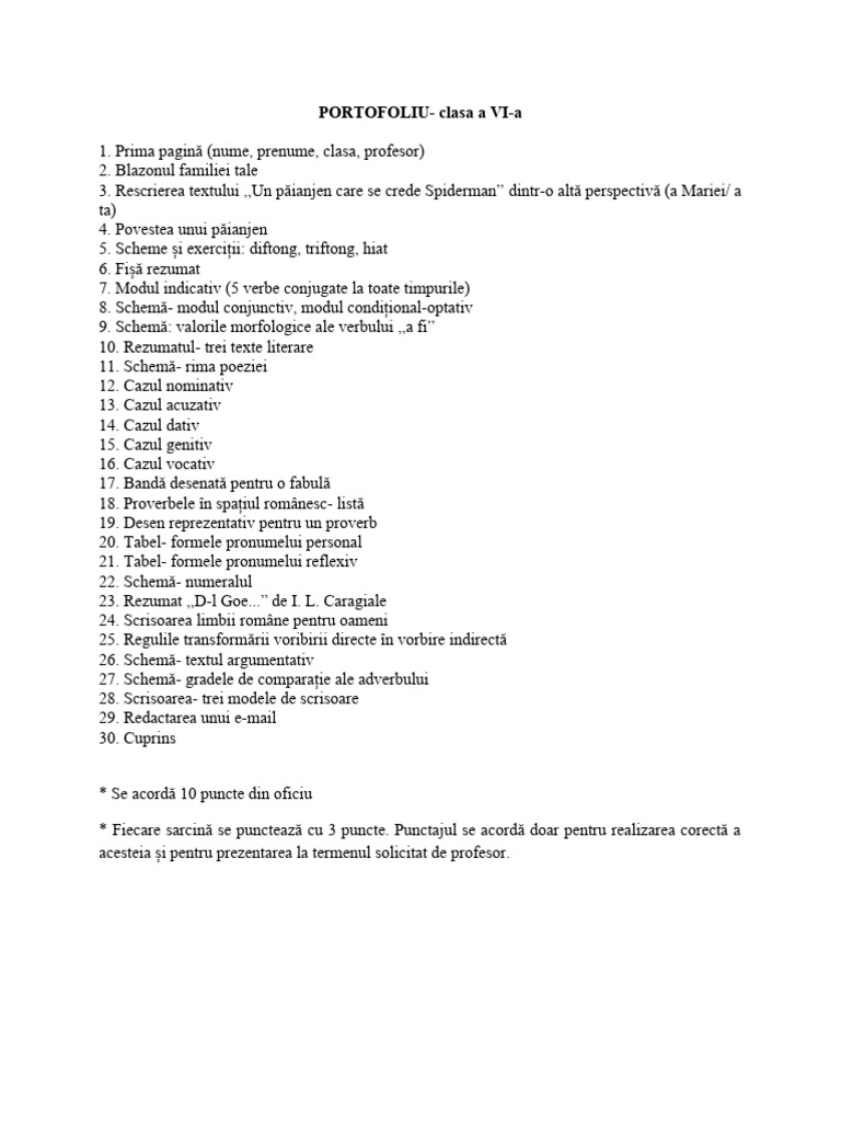 PORTOFOLIU - Clasa A VI-a | PDF